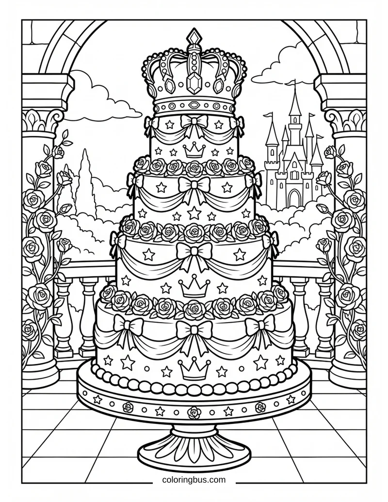 Majestic Tiered Cake with Crown Topper on Rosy Balcony — free printable coloring page