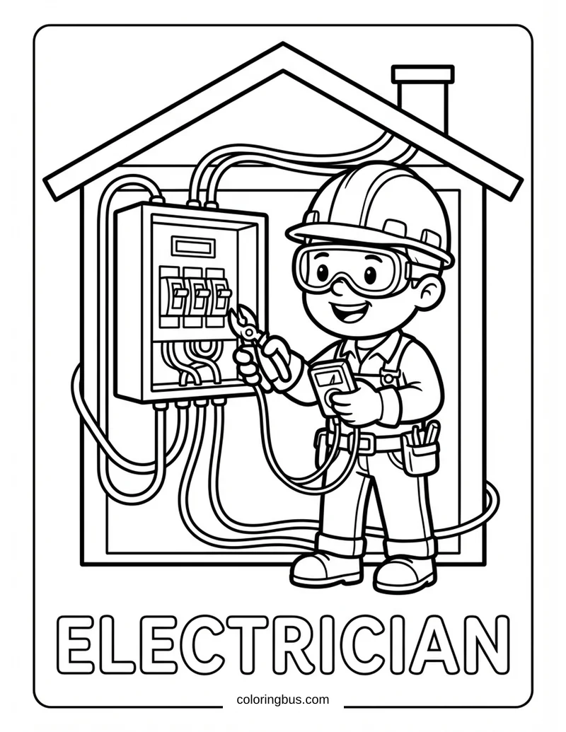 a cute cartoon electrician wiring a house with wire cutters, voltmeter, and electrical panel, cheerful and playful style, with the word ELECTRICIAN written below — free printable coloring page