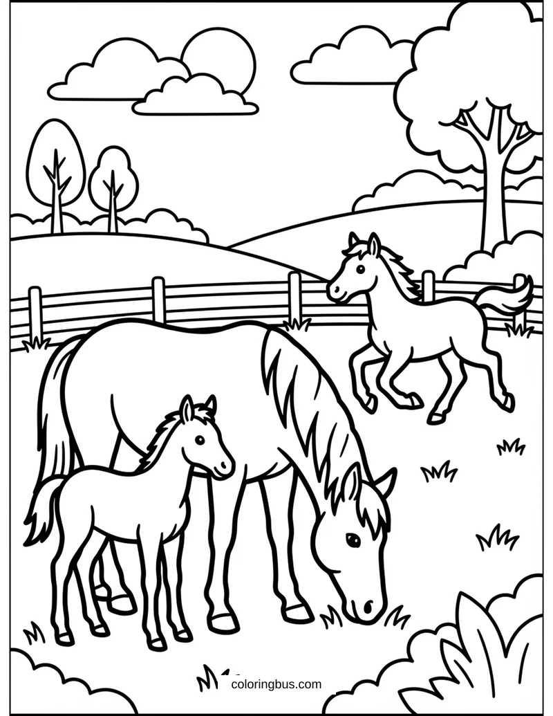 Horses — free printable coloring page