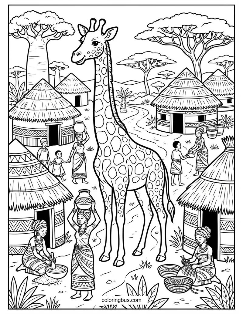 Giraffe In Traditional African Village With Huts And Women — free printable coloring page