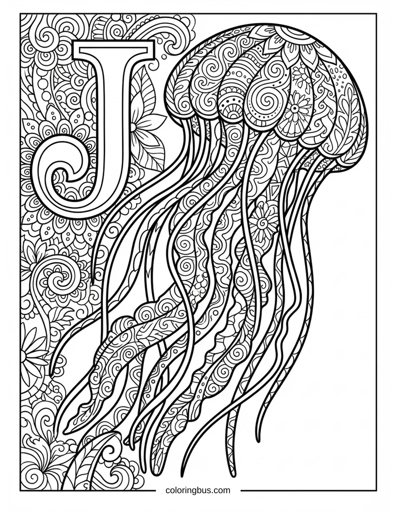 an intricate detailed jellyfish filled with zentangle patterns, with an ornate decorative letter J — free printable coloring page