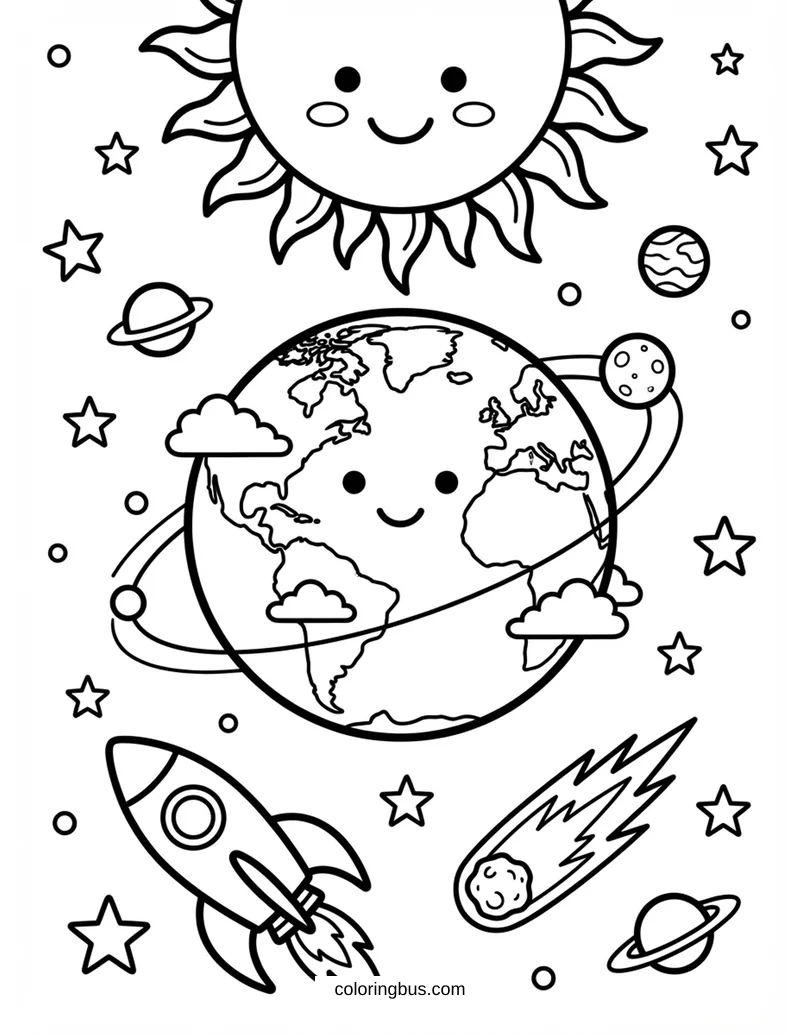 Earth And Sun In Space — free printable coloring page