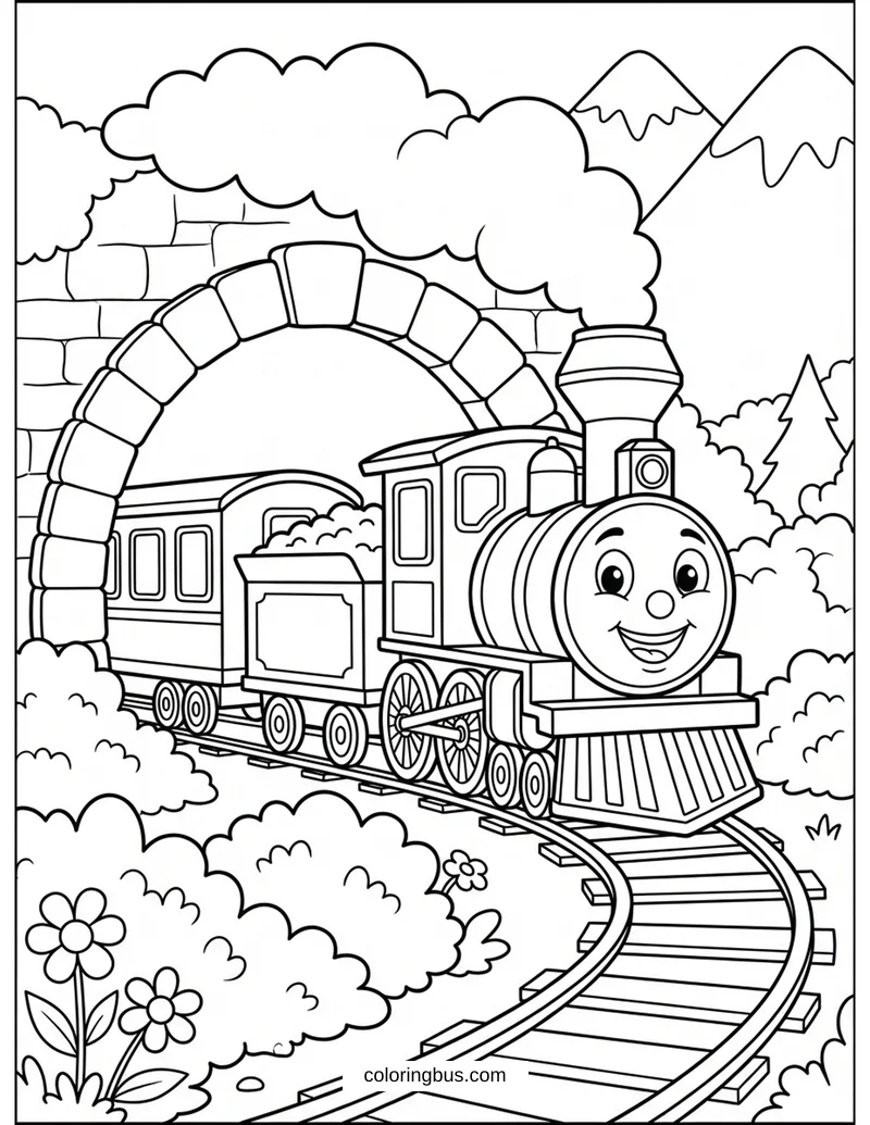 Train Exiting a Tunnel — free printable coloring page