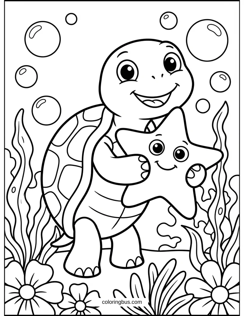 Adorable Turtle Hugging a Starfish — free printable coloring page
