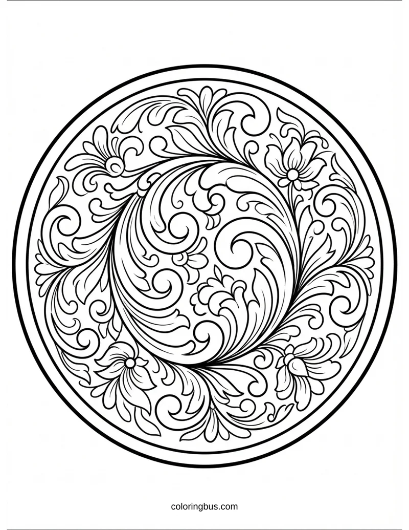 Rosemaling floral scrollwork pattern with C and S curves on a wooden bowl — free printable coloring page