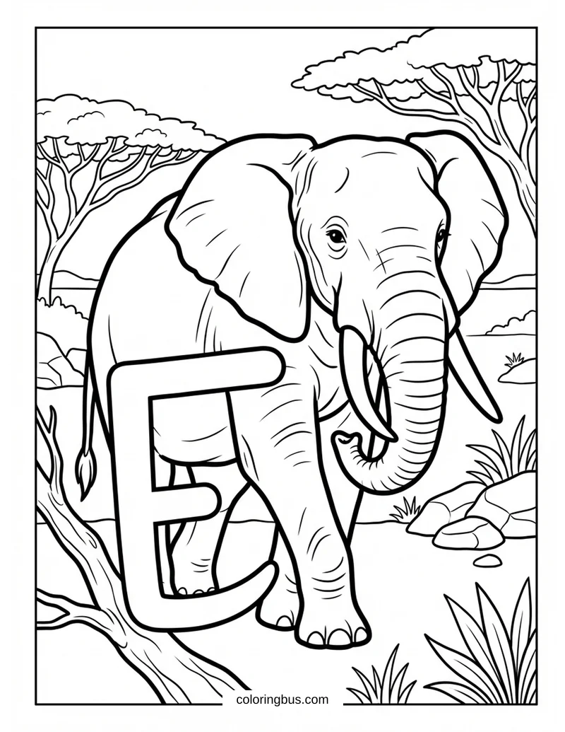 a realistic elephant in its natural habitat with the letter E incorporated into the scene — free printable coloring page