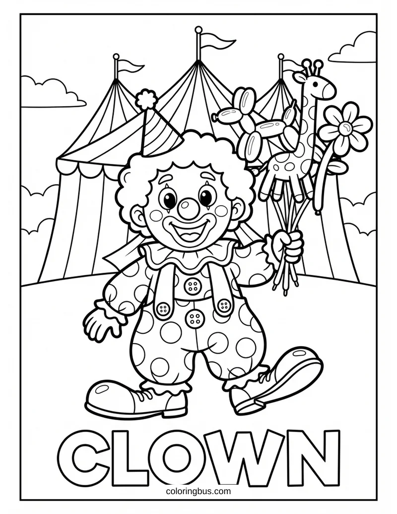 a cute cartoon clown at a circus with colorful tent with big shoes, red nose, and balloon animals, cheerful and playful style, with the word CLOWN written below — free printable coloring page