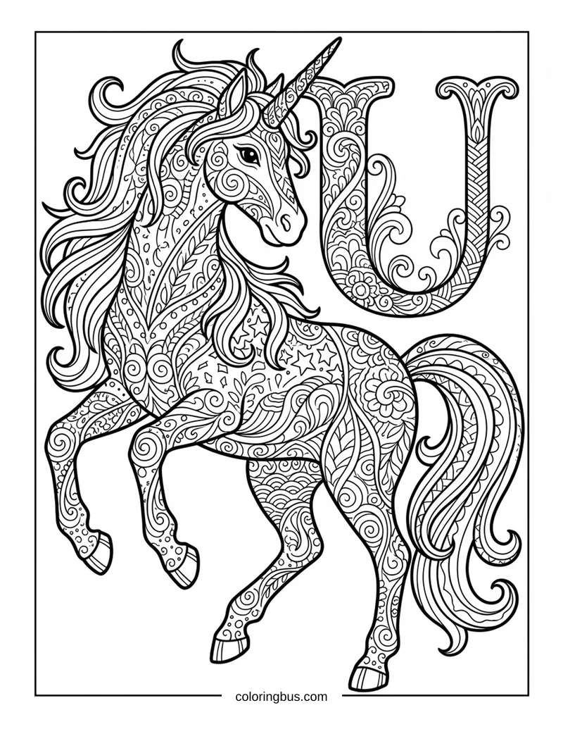 an intricate detailed unicorn filled with zentangle patterns, with an ornate decorative letter U — free printable coloring page