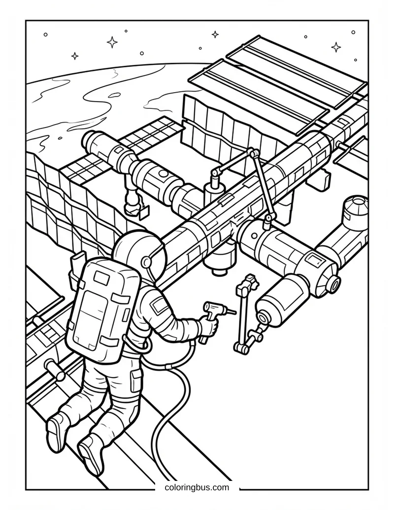 Astronaut Spacewalking Near the International Space Station — free printable coloring page