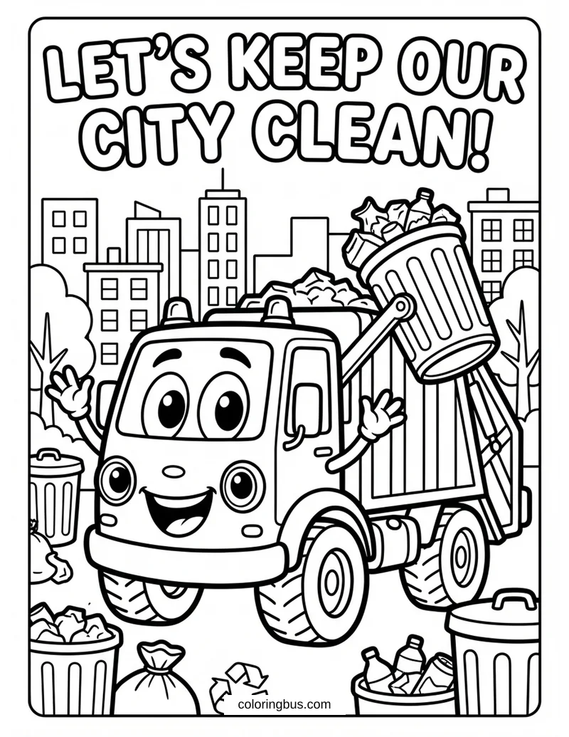 Jolly Cartoon Garbage Truck Saying Let s Keep Out City Clean! — free printable coloring page
