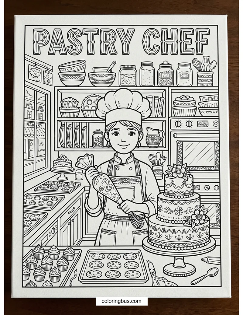 a detailed pastry chef in a pastry kitchen with desserts with piping bag, whisk, and decorated cake, intricate background with fine details and patterns, with the title PASTRY CHEF in decorative lettering — free printable coloring page