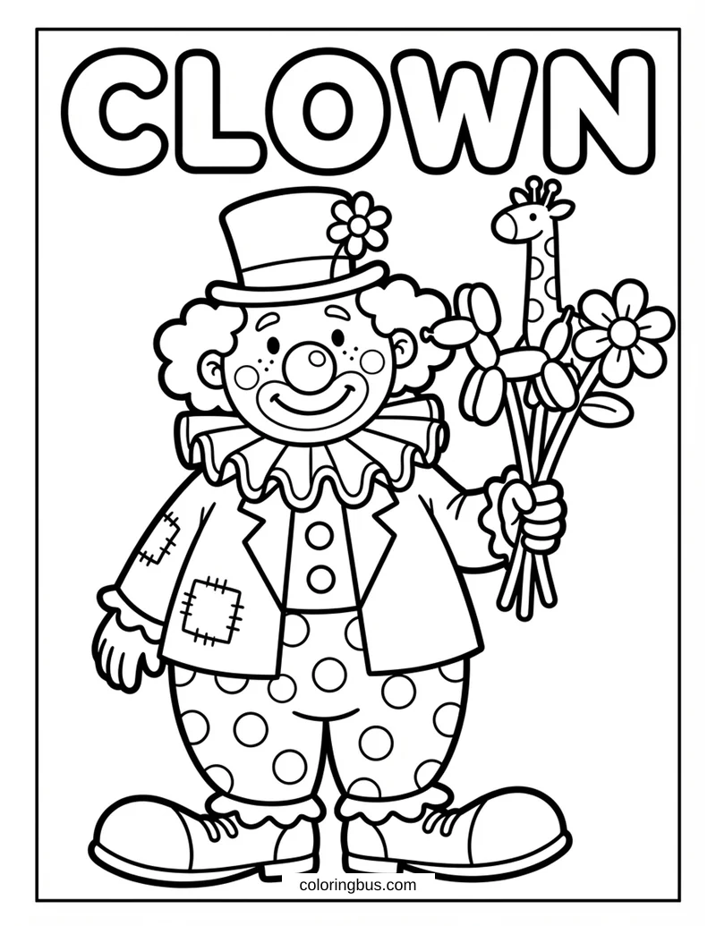 a friendly clown with big shoes, red nose, and balloon animals, very simple shapes with thick outlines, with the word CLOWN written in big bold letters — free printable coloring page