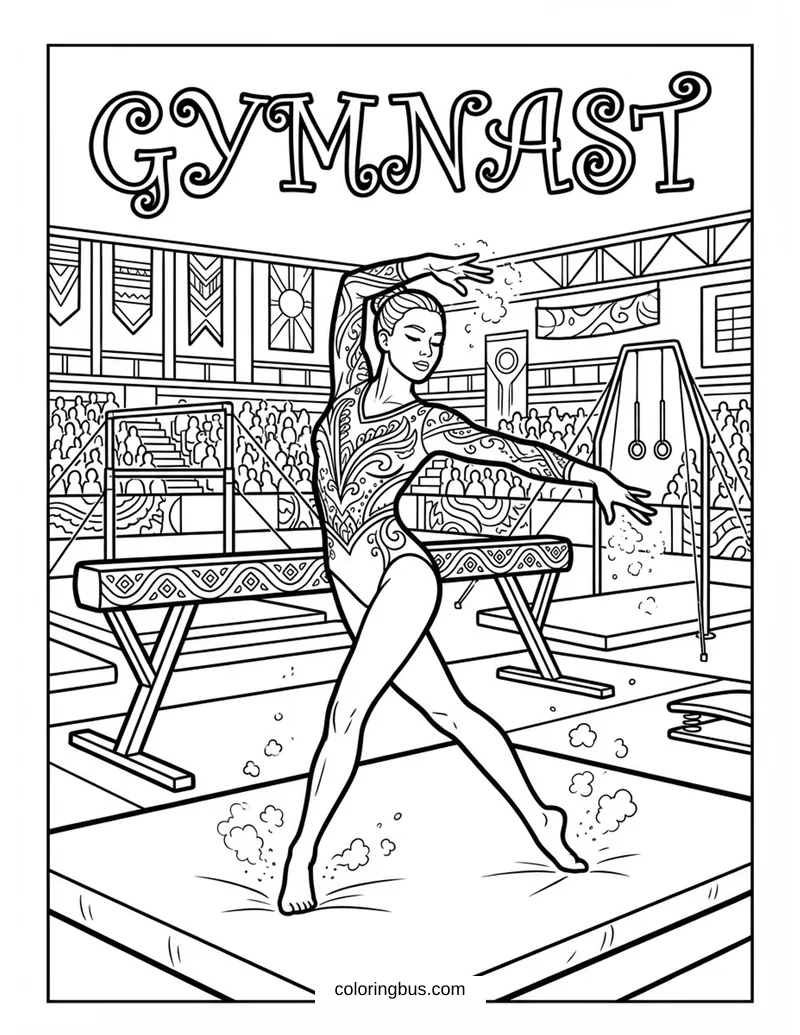 a detailed gymnast in a gymnasium on the mat with balance beam, leotard, and chalk dust, intricate background with fine details and patterns, with the title GYMNAST in decorative lettering — free printable coloring page