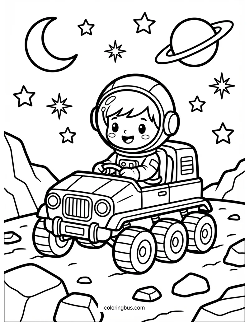 Chibi Astronaut Driving Space Rover on Rocky Planet with Stars and Planets — free printable coloring page