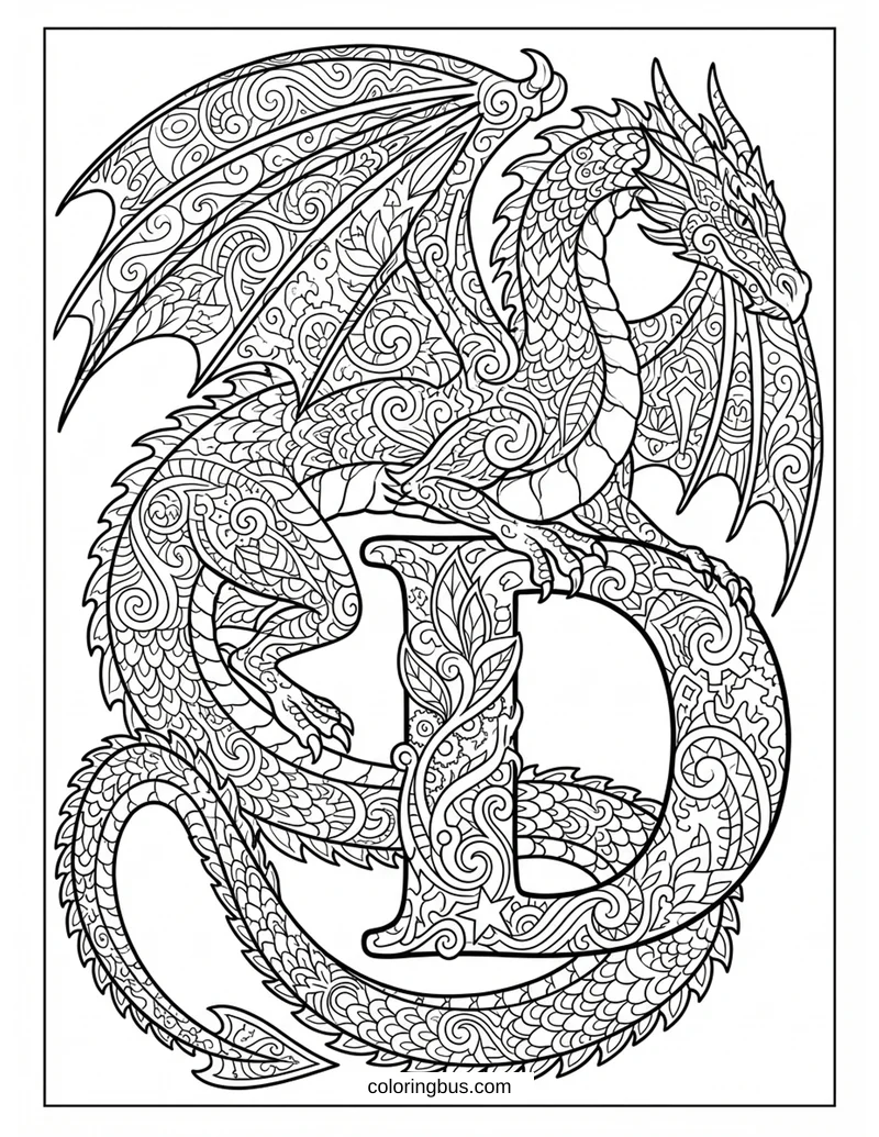 an intricate detailed dragon filled with zentangle patterns, with an ornate decorative letter D — free printable coloring page
