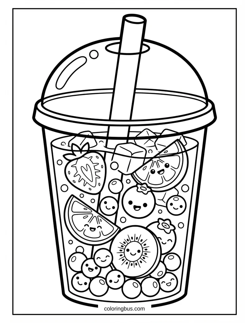 Cartoon Fruits In A Boba Tea — free printable coloring page