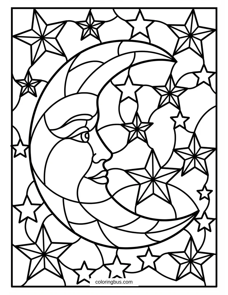 Mystical Crescent Moon with Face Surrounded by Stars Stained Glass — free printable coloring page