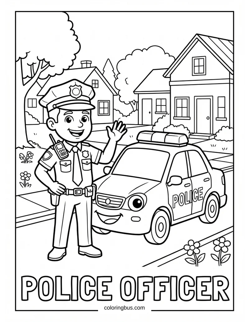 a cute cartoon police officer on patrol in the neighborhood with badge, walkie-talkie, and police car, cheerful and playful style, with the word POLICE OFFICER written below — free printable coloring page