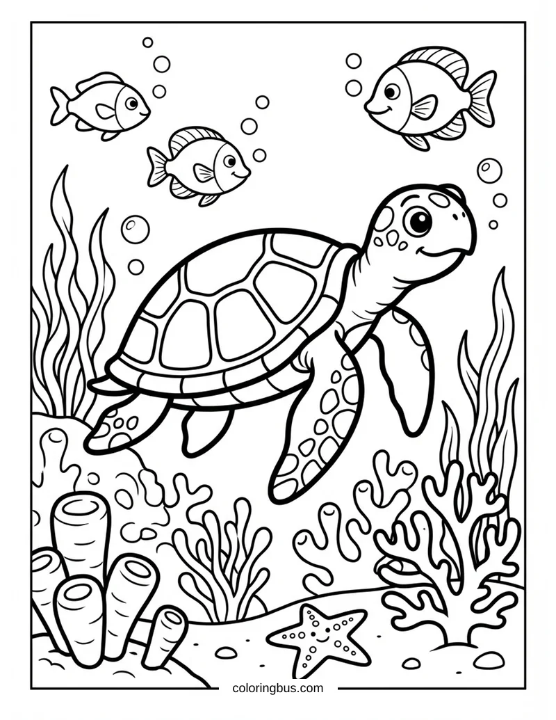 Peaceful Turtle Swimming Under the Sea — free printable coloring page