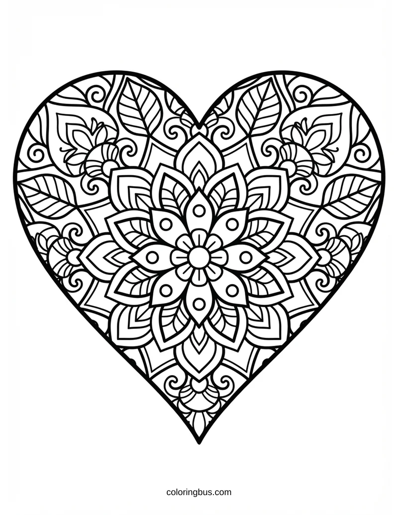 Full Page Heart Mandala Coloring In — free printable coloring page