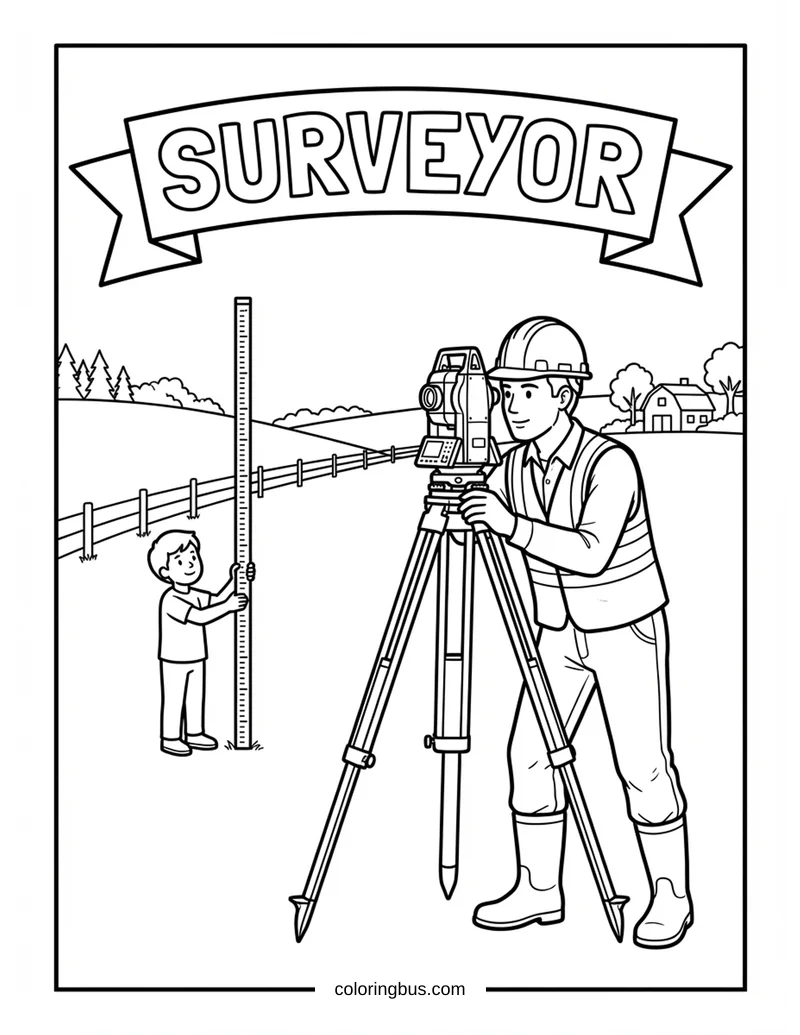 a realistic surveyor in an open field mapping the land, using theodolite, measuring rod, and tripod, detailed scene, with the word SURVEYOR as a label — free printable coloring page