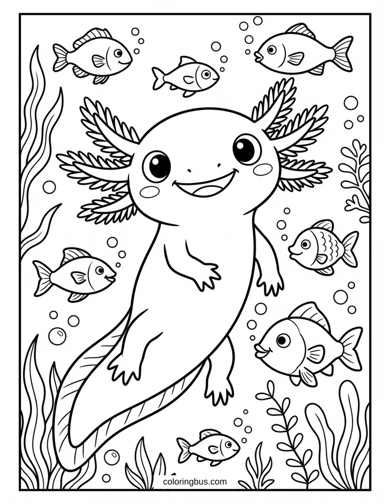 Cheerful Axolotl Swimming With Fishes — free printable coloring page