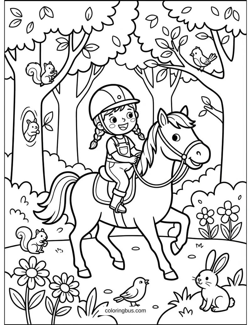 Happy Girl Riding a Horse in the Forest — free printable coloring page