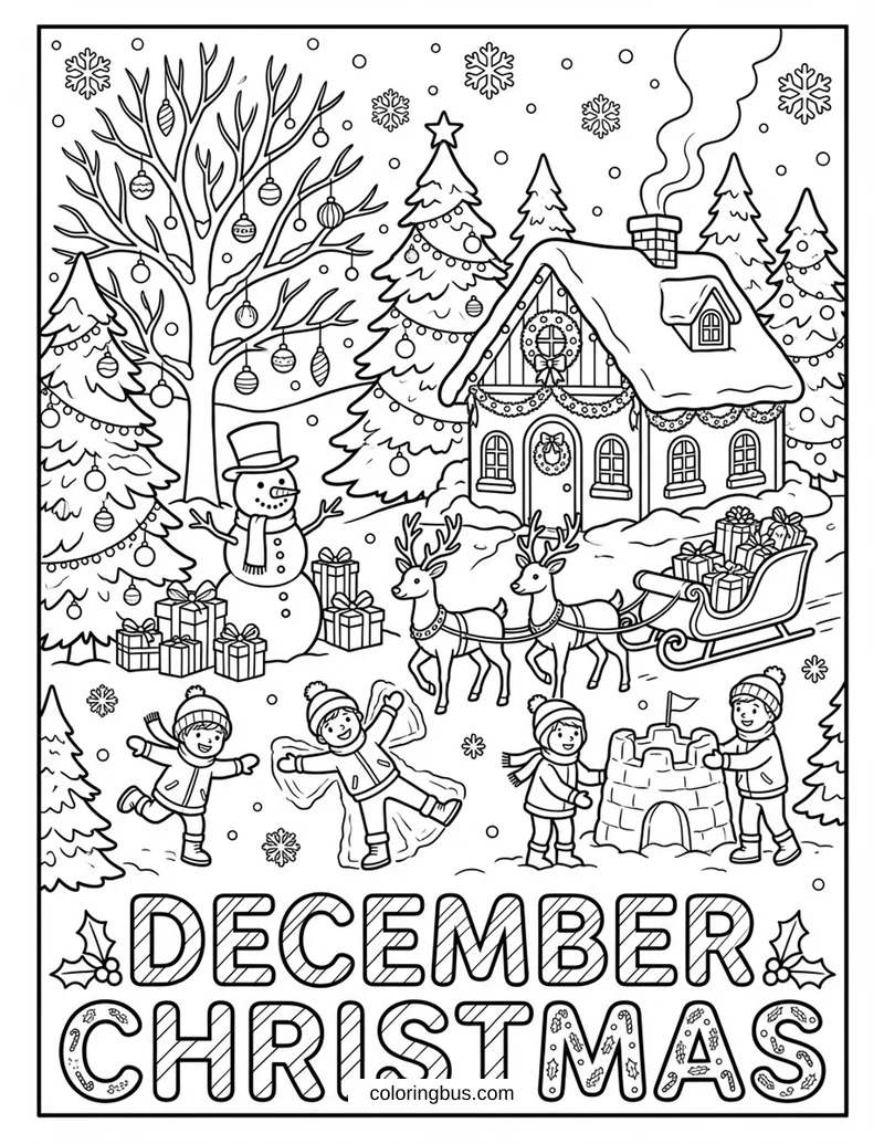 December Winter With Christmas Elements — free printable coloring page